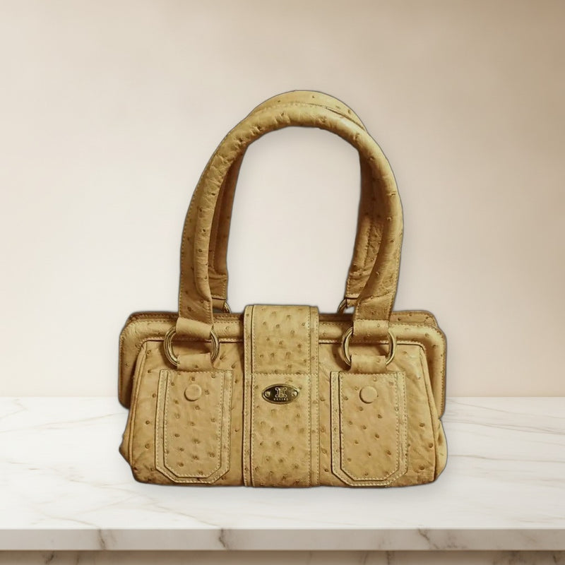 Celine Luggage Handbag Ostrich Leather Beige Gold Hardware