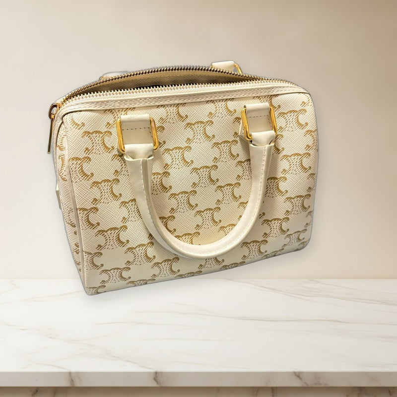 Celine Mini Boston Triomphe Canvas 2-way Handbag White Synthetic Leather Gold