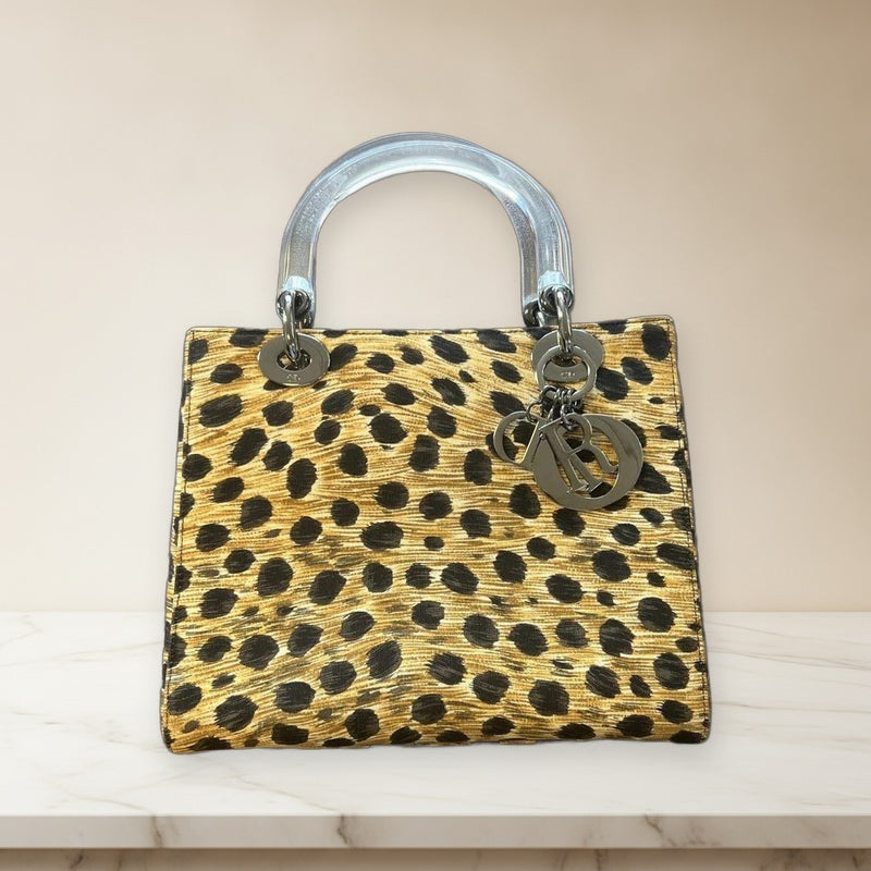Christian Dior Leopard Print Handbag Clear Handle Gold Hardware