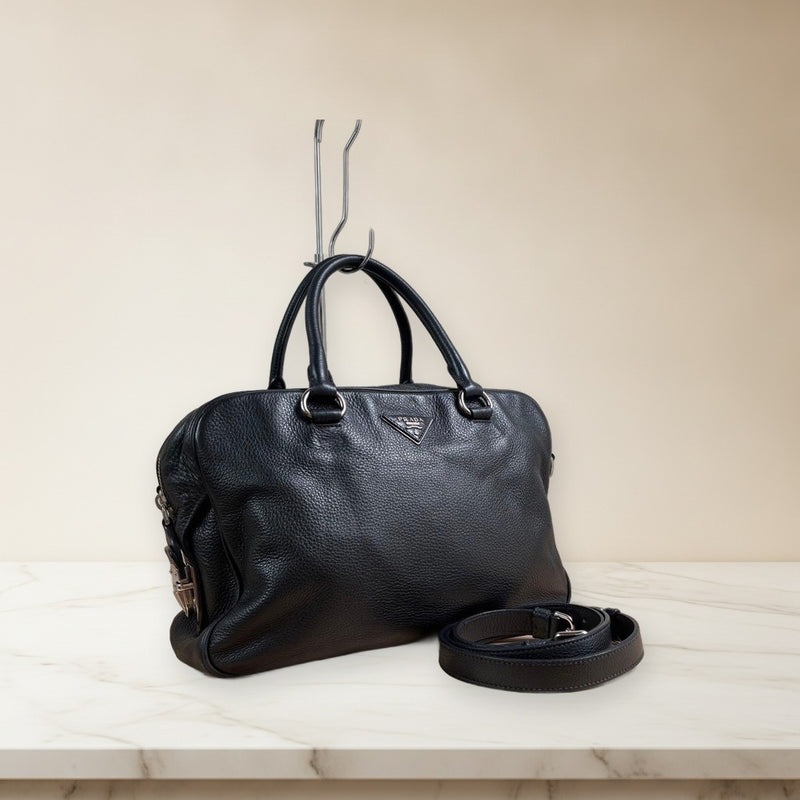 Prada Vitello 2-Way Handbag Shoulder Bag Triangle Logo Leather Black