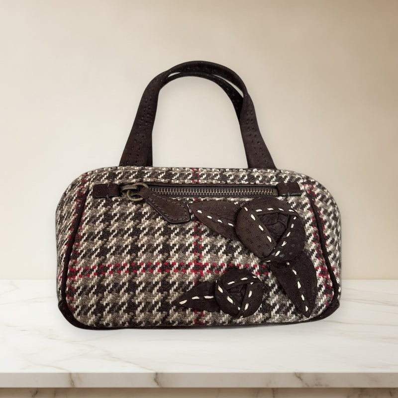 Prada Handbag Brown Check Flower Motif Wool Leather