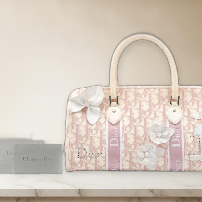 Dior Trotter Boston Bag Pink White Cotton Canvas Leather Floral Handbag
