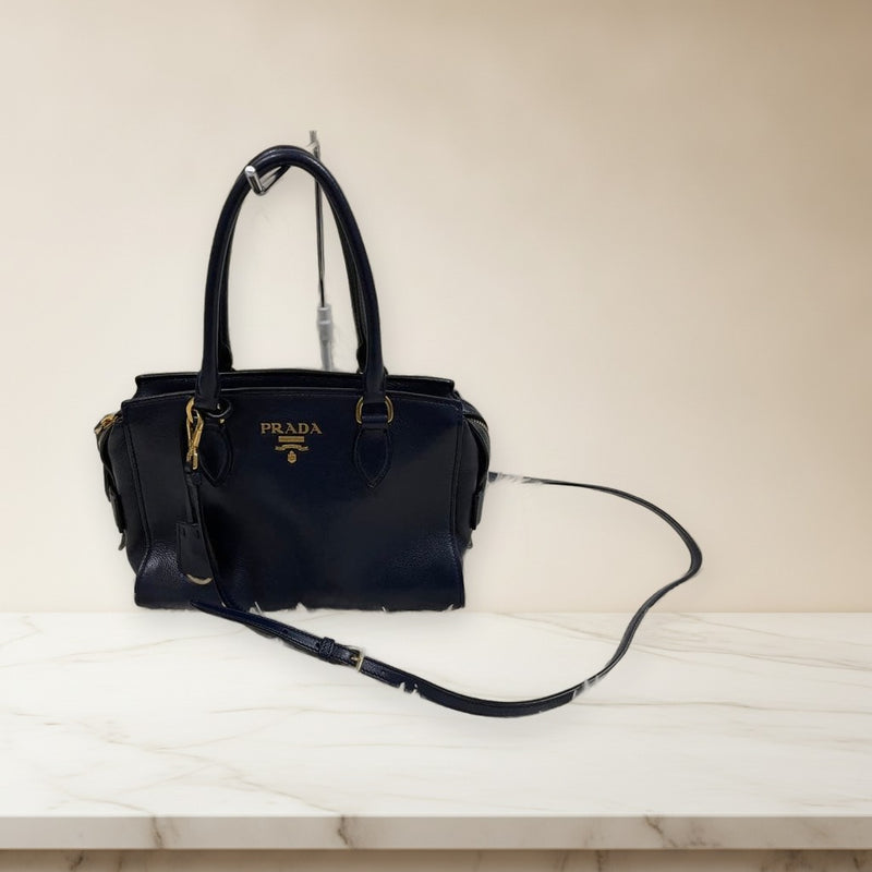 Prada Handbag 2way Shoulder Tote Bag Leather Navy Blue