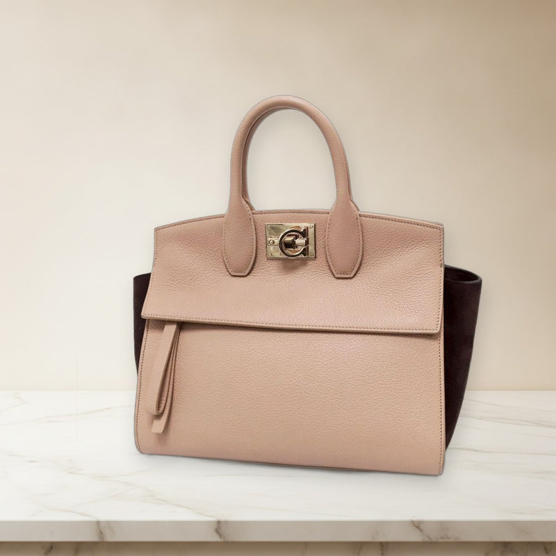 Salvatore Ferragamo Studio Soft Bag Small Handbag Leather Suede Beige Brown