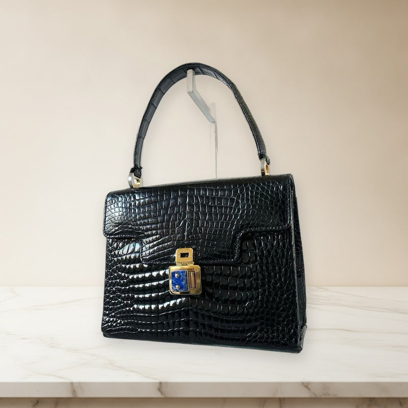 Gucci Porosus Crocodile Handbag Black Lapis Lazuli Hardware Turn Lock
