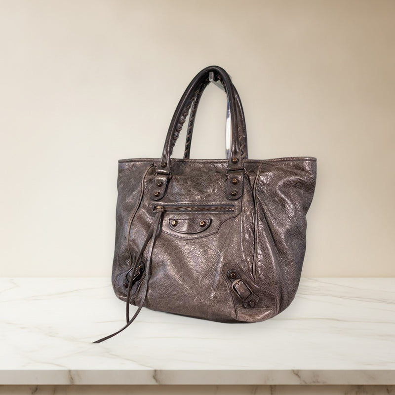 Balenciaga The Sunday 228750 Tote Bag Leather Gray Khaki Handbag
