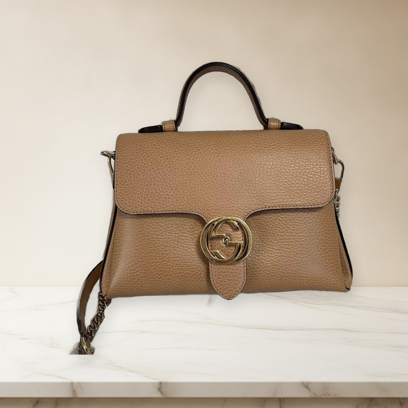 Gucci Interlocking G Handbag Leather Beige Gg Logo Hardware