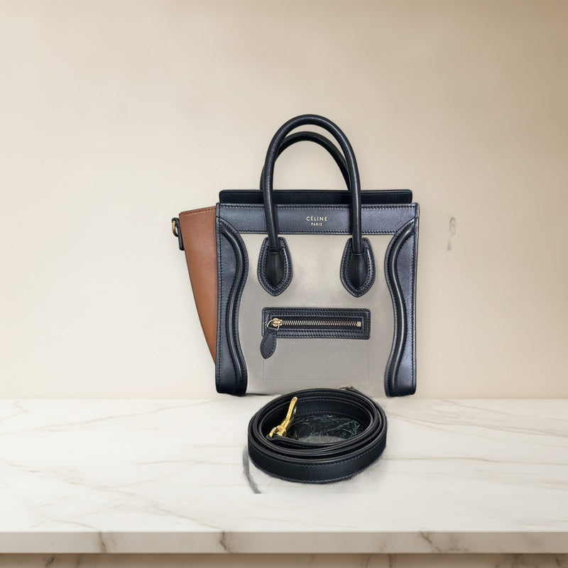 Celine Luggage Nano Handbag Leather White Brown Gold Hardware
